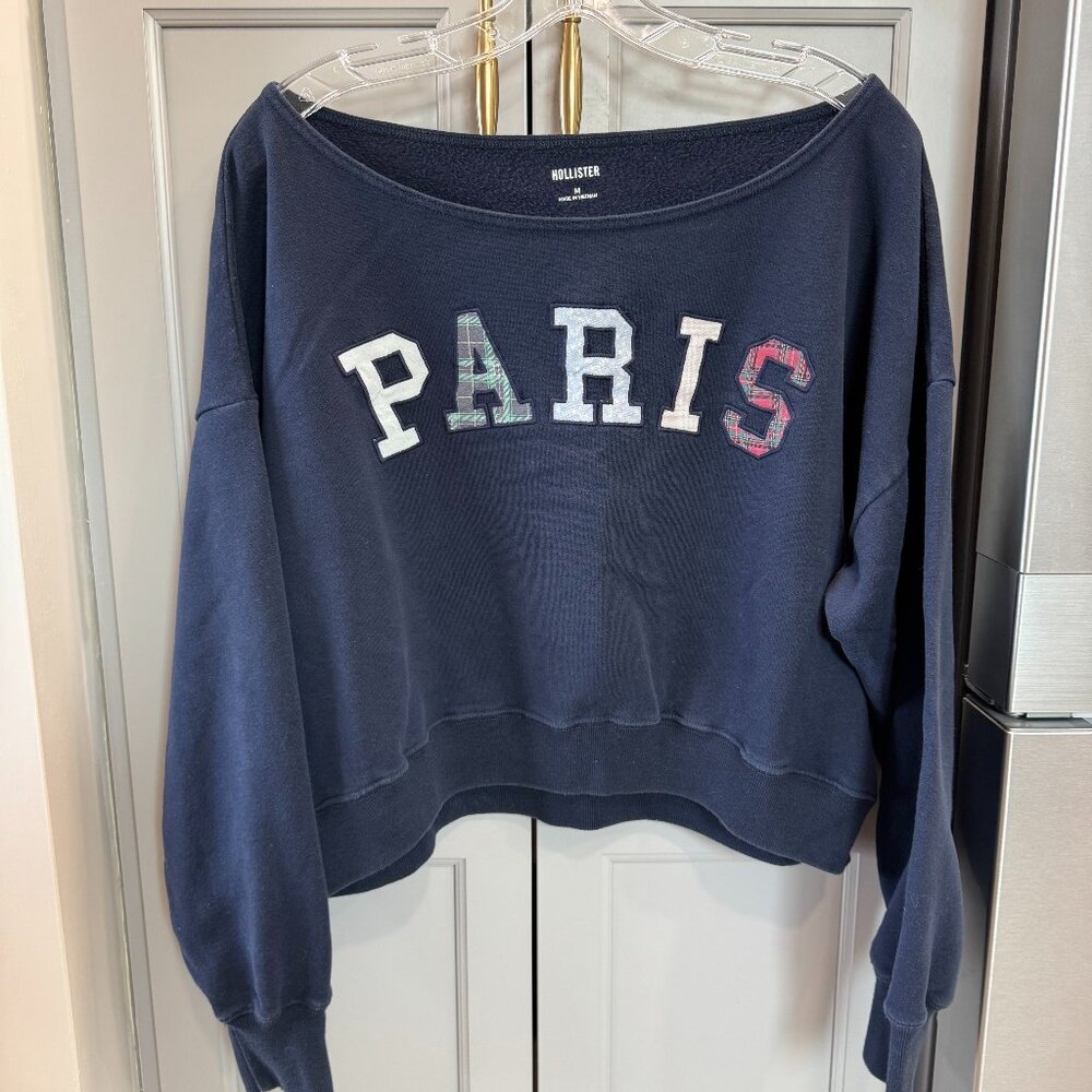 Hollister Paris Off the Shoulder Navy Patchwork Sweatshirt, Size M